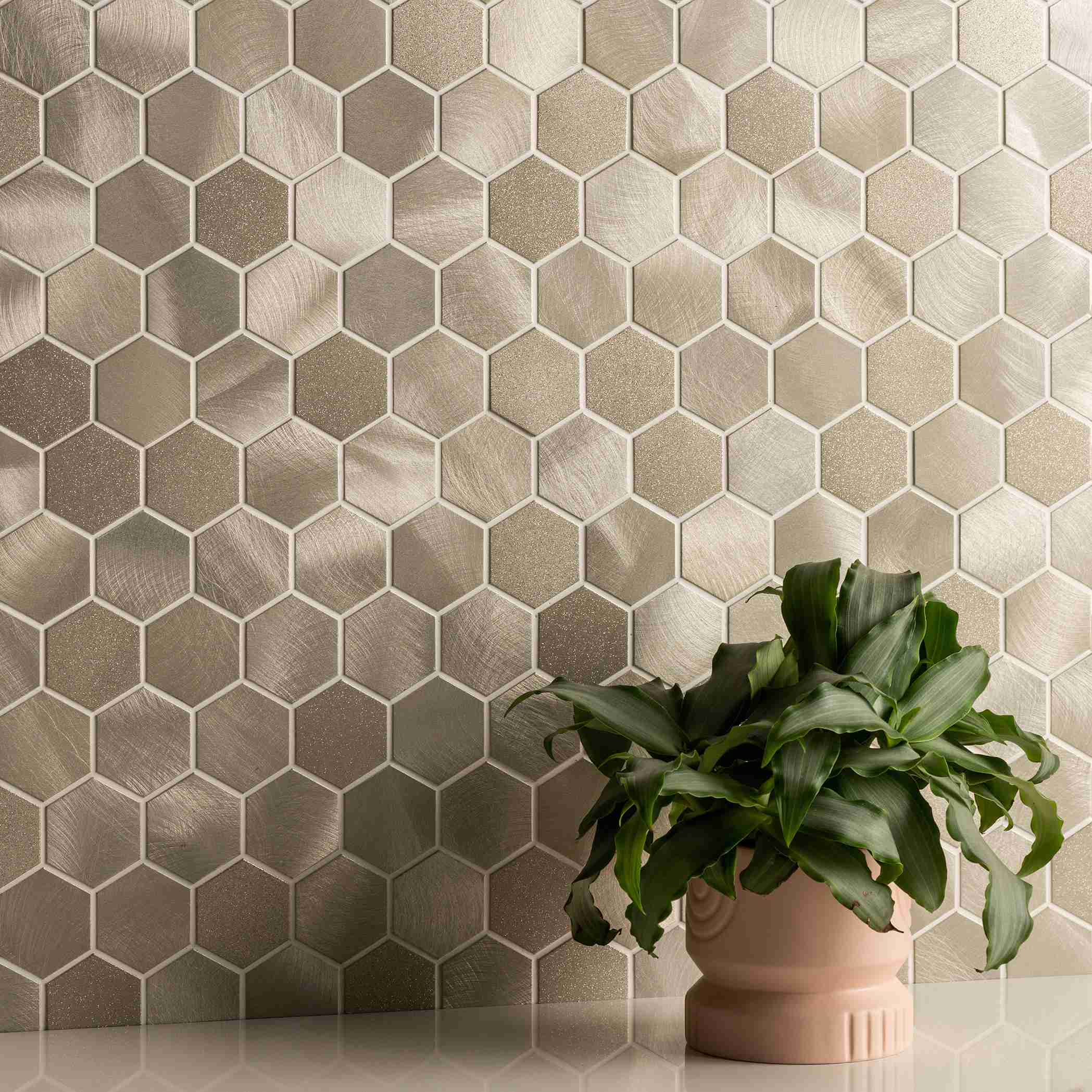 Original Style Mosaics Mimas Gold Mixed Finish Hexagon Mosaic Tile 30x30cm