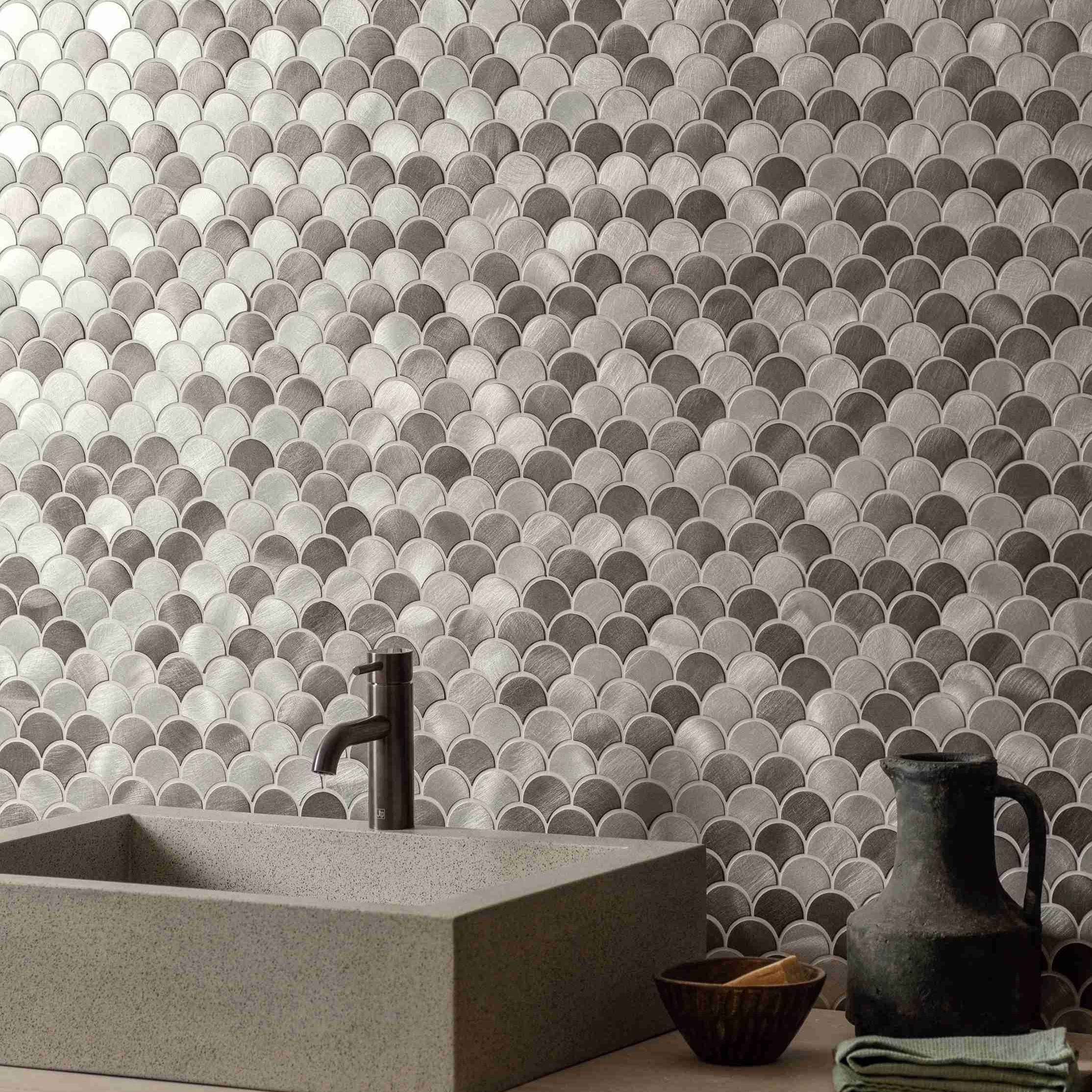 Original Style Mosaics Skaro Grey and Silver Mix Scale Aluminium Mosaic Tile 29x31cm