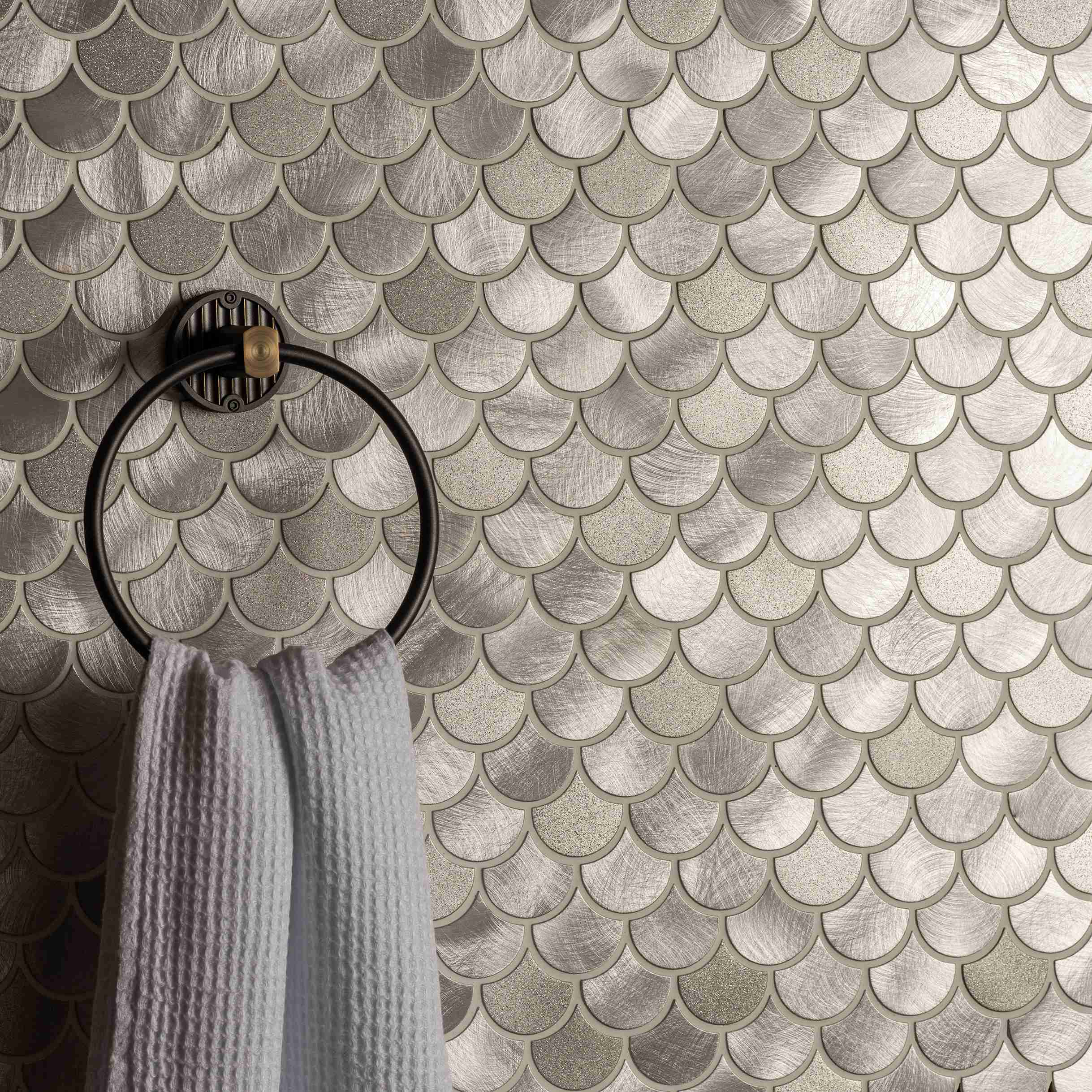 Original Style Mosaics Surtur Silver Brushed Scale Aluminium Mosaic Tile 29x31cm