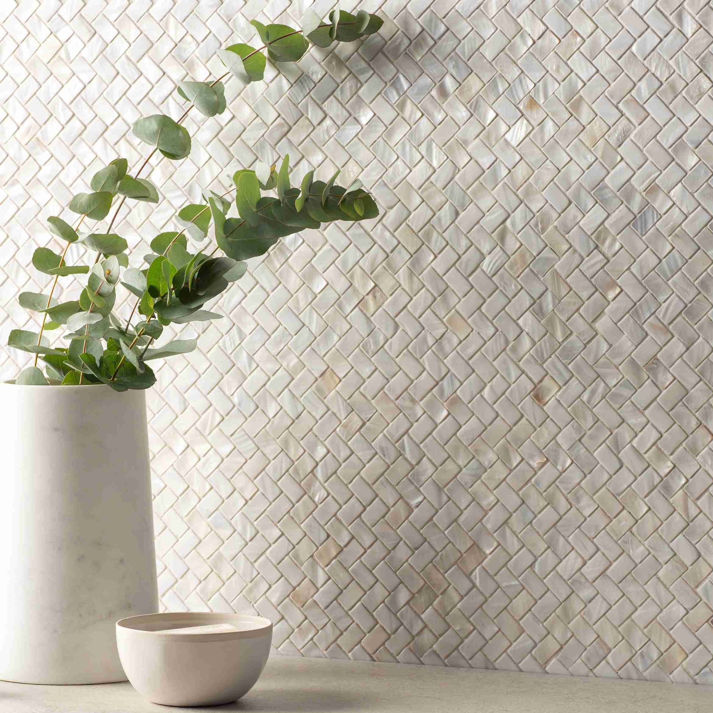 Original Style Mosaics White Pearl Herringbone Shell Mosaic Tile 28x30cm