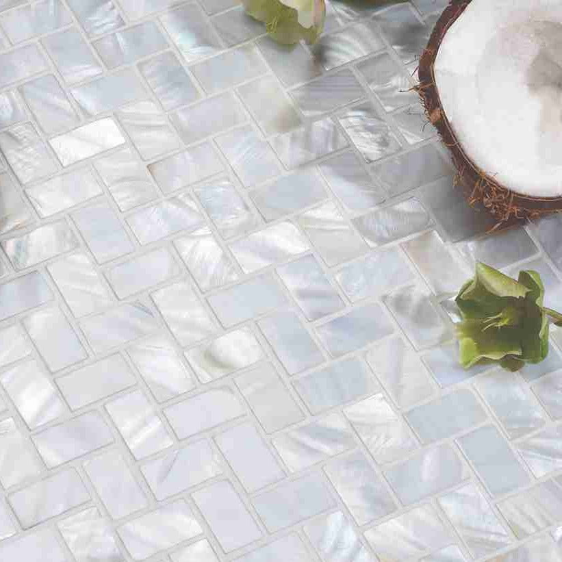 Original Style Mosaics White Pearl Herringbone Shell Mosaic Tile 28x30cm