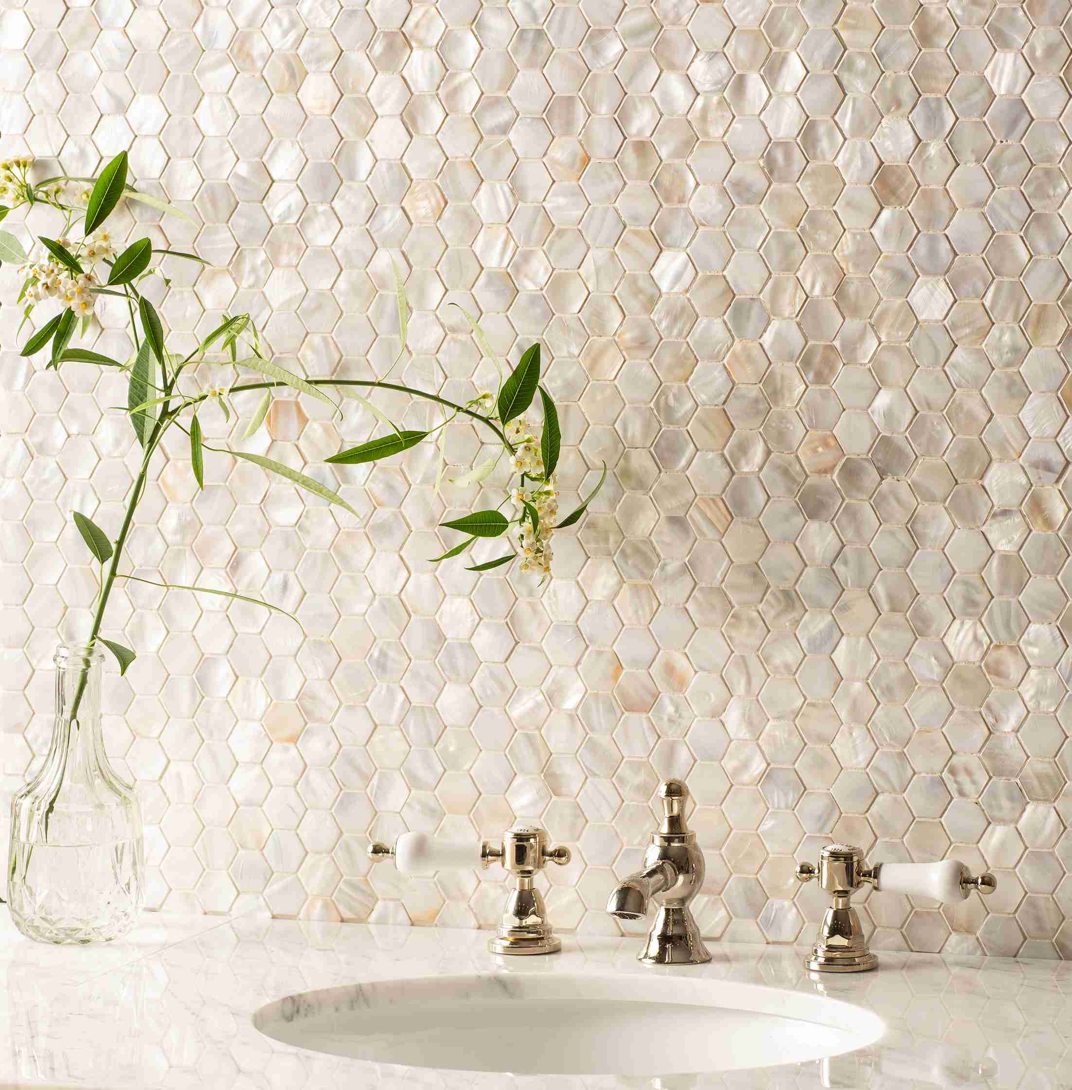 Original Style Mosaics White Pearl Hexagon Shell Mosaic Tile 29x30cm
