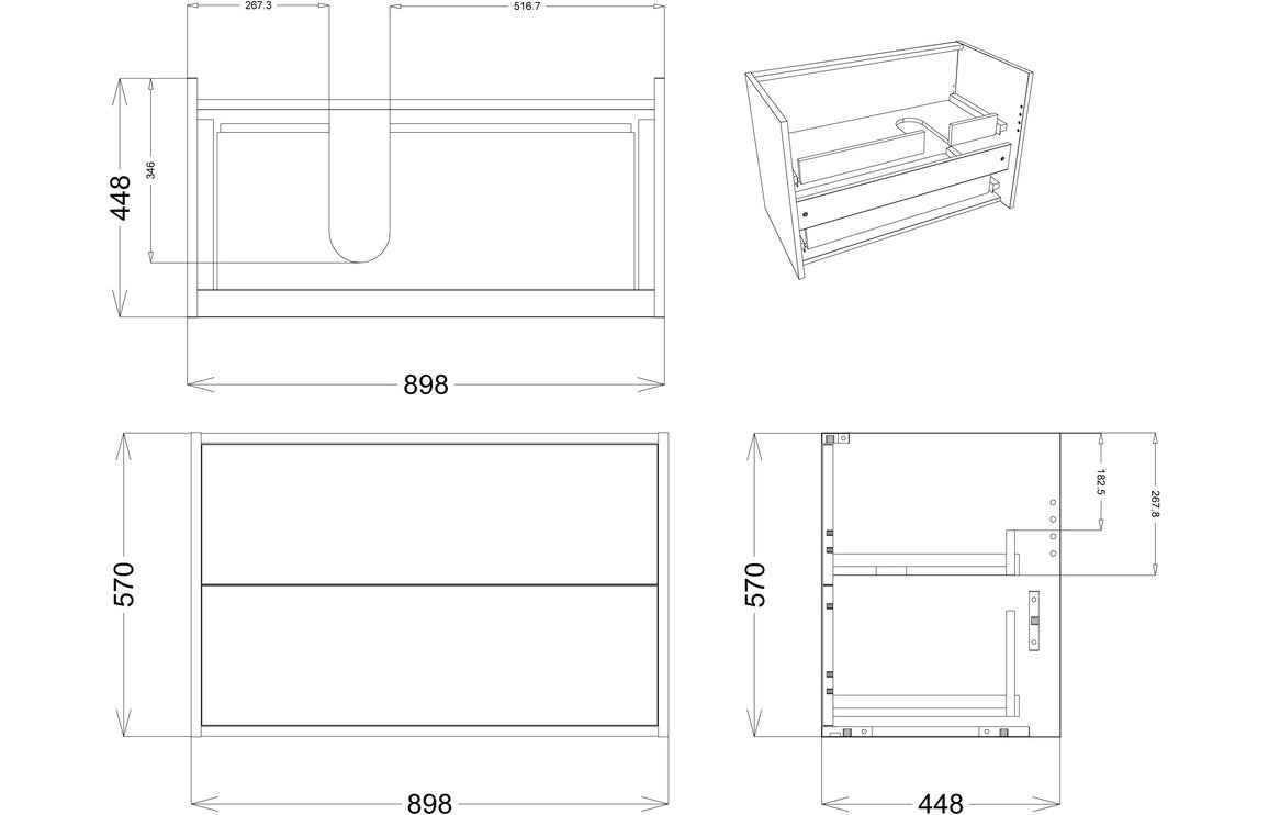 Tinto 900mm 2 Drawer Wall Hung Basin Unit (No Top) - Matt White