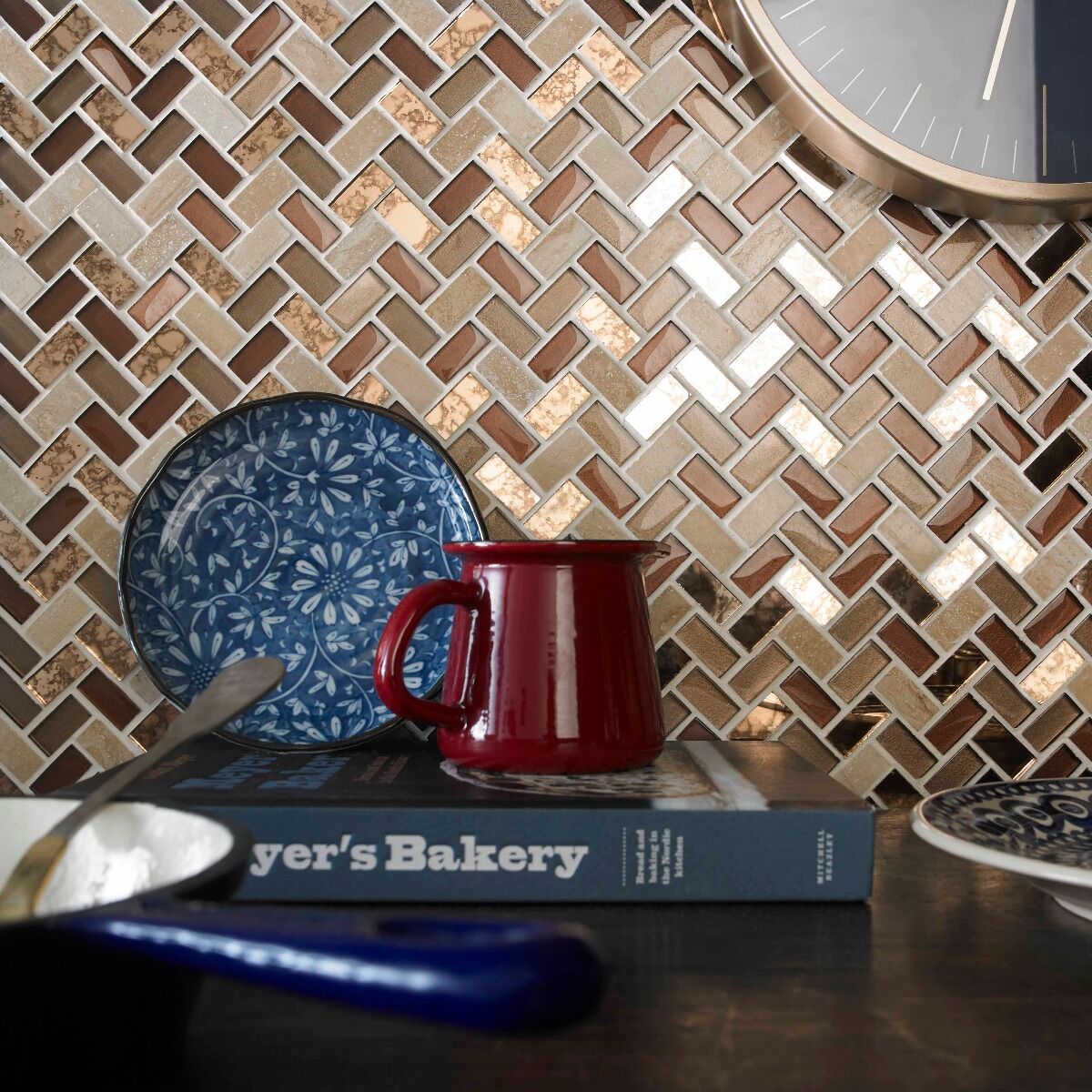 Pence Copper Herringbone Glass & Stone Mosaic 15x30mm-Verona-G30240