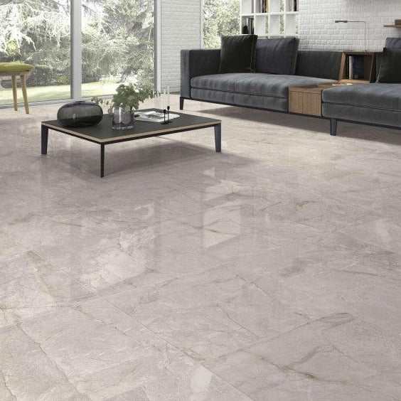 Marvel Grey Polished Marble Effect Porcelain Floor Tile 60x60cm