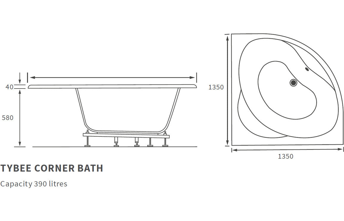 Melynllyn Standard 1350x1350x620mm 0TH Corner Bath w/Legs