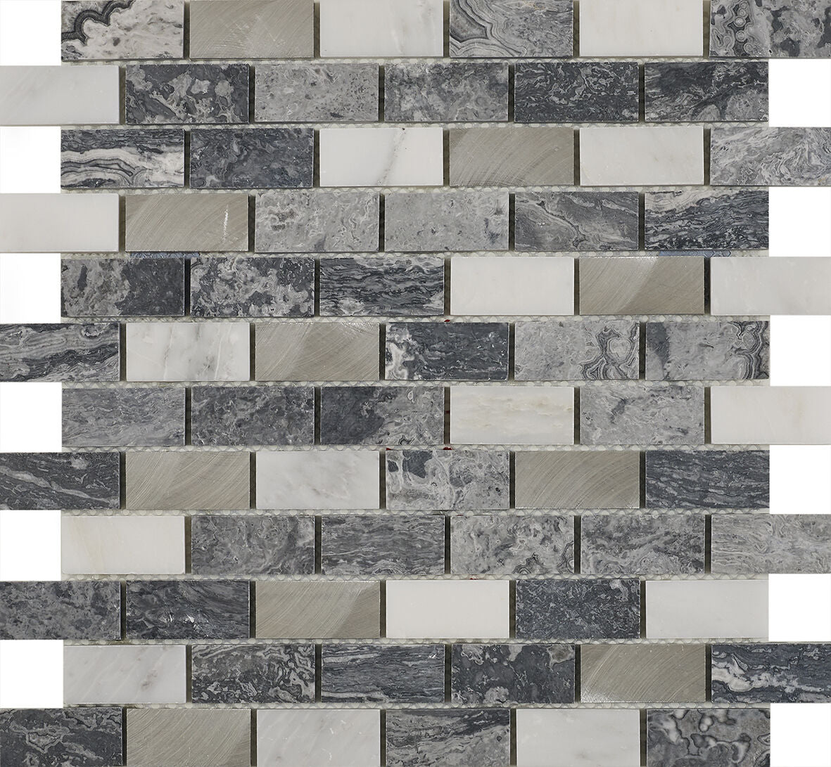 Verona Castell Grey Stone & Metal Mix Brick Mosaic 23x48mm