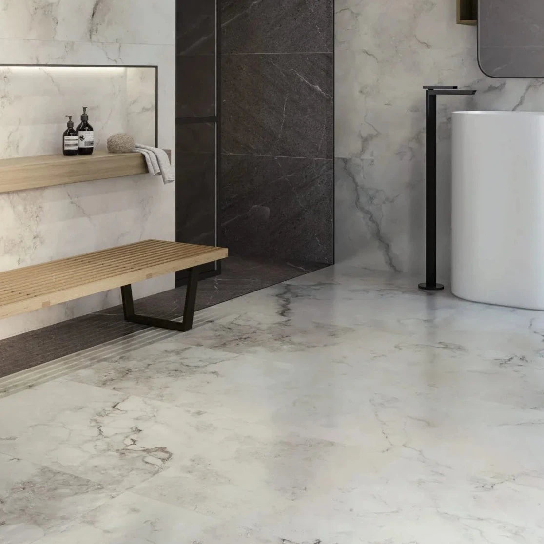 Vintage White Lappato Marble Effect Floor Tile 100x100cm