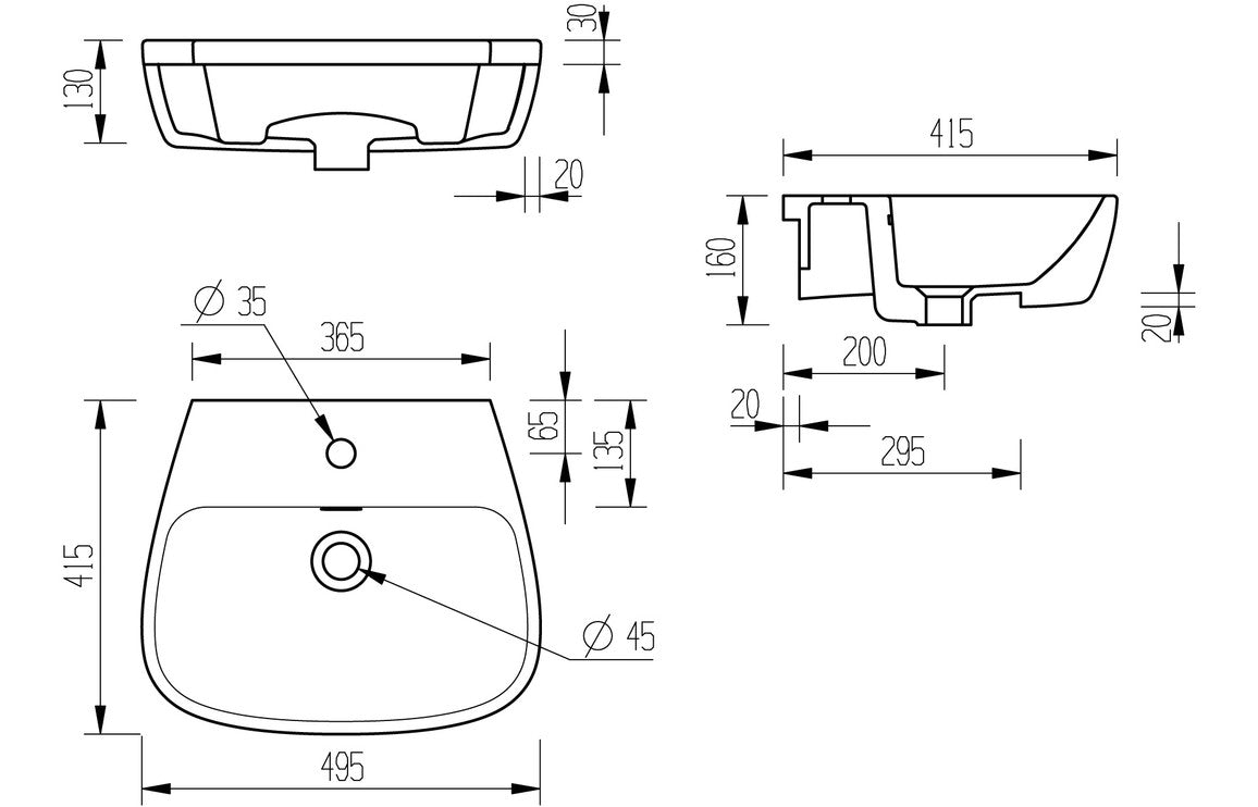 Amber 495x415mm 1TH Semi Recessed Basin-Basins-DIPBP1322-