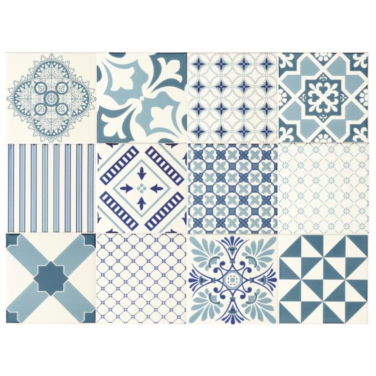 Original Style Odyssey Blue Tapestry Set-12 on Brilliant White Tile 30x90cm