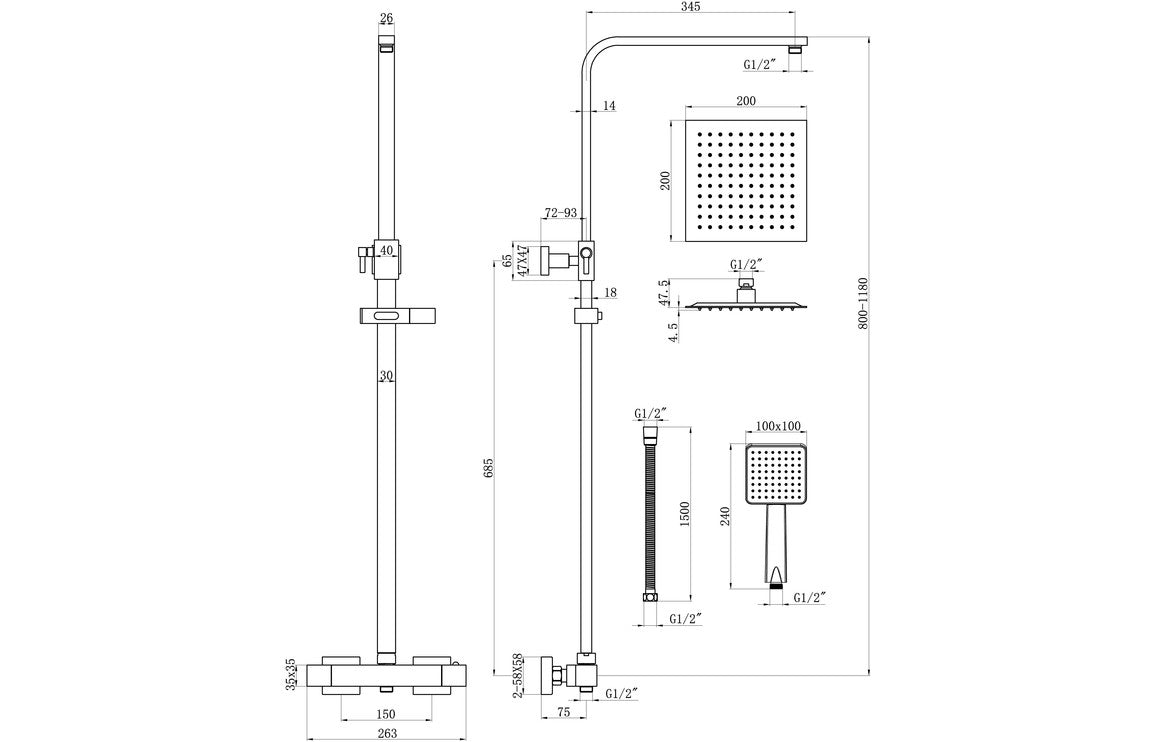 Coronas Thermostatic Bar Mixer w/Riser & Overhead Kit-Shower Rail Kits-DICM0584-