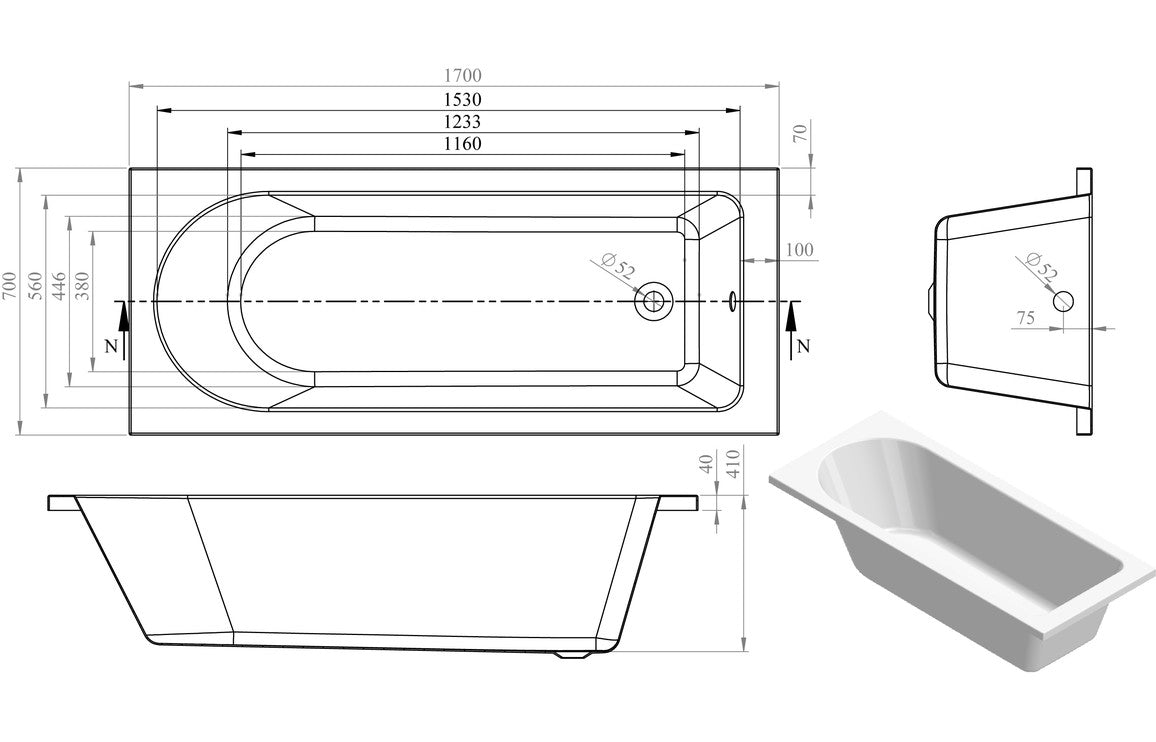 Essentials Single Ended Bath 1700x700mm-Baths-DIBR0016-