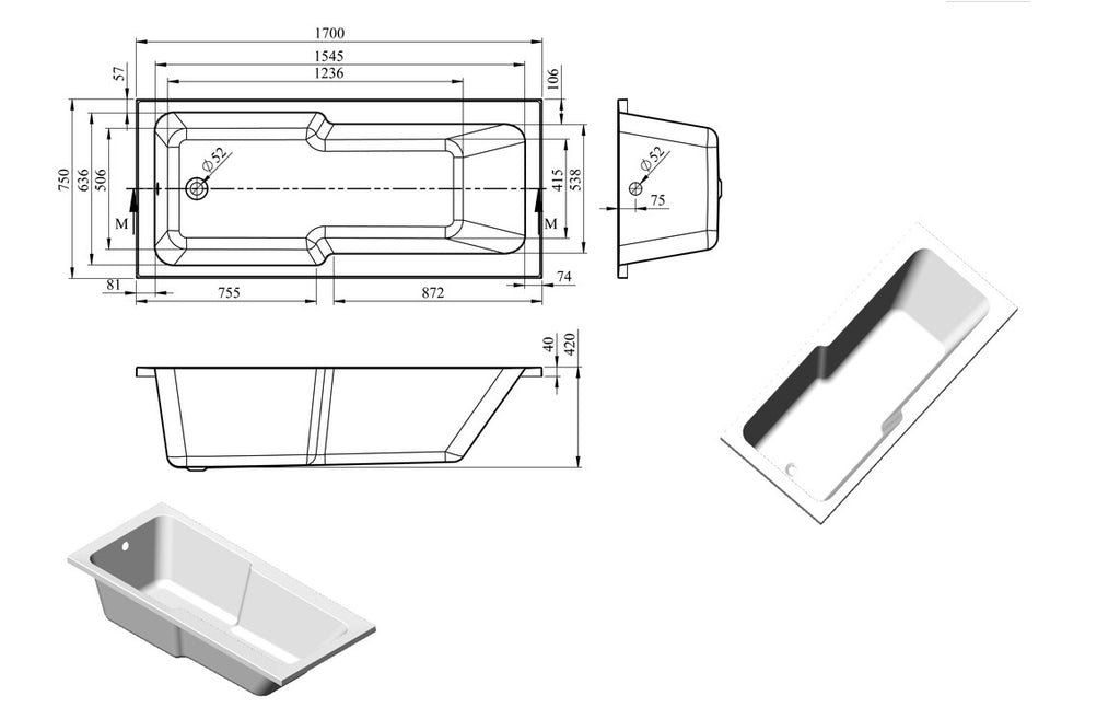 Evolve Straight Shower Bath 1700x750mm with Legs-Baths-CAPAB0567-