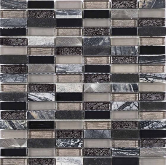 Verona Decadent Glass/Stone & Metal Mix Linear Mosaic Wall Tile 30x30cm