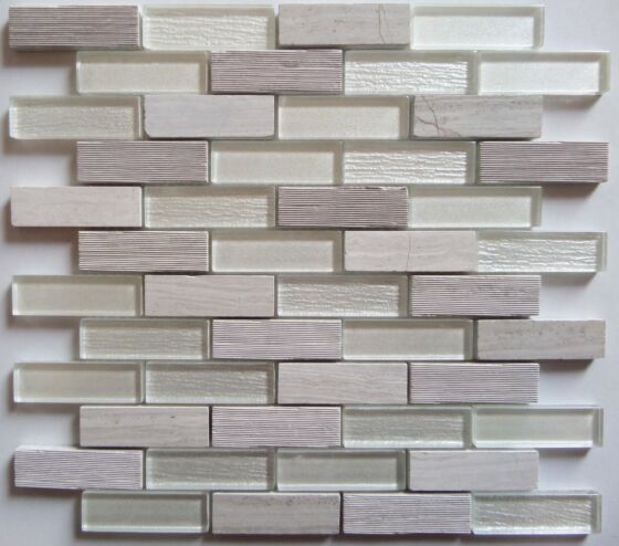 Verona Bailey Grey/White Glass & Stone Mix Brick Mosaic Wall Tile 30x30cm