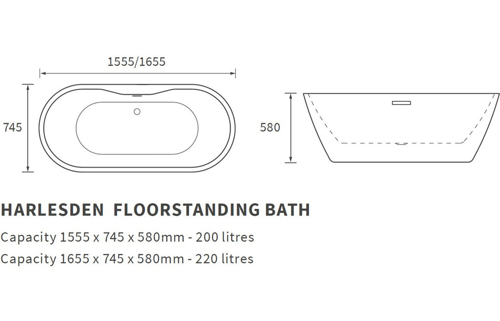 Harlesden Freestanding Bath 1655x745x580mm - Black-Baths-DIBF0078-