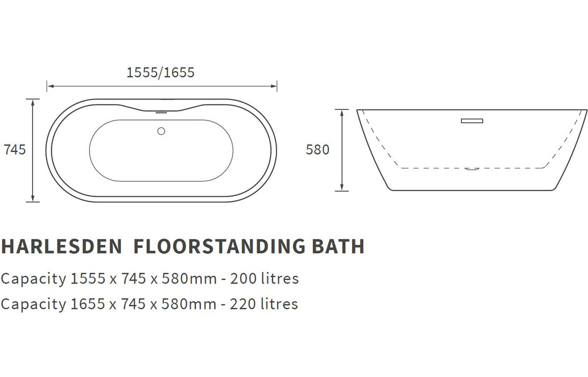 Harlesden Freestanding Bath 1655x745x580mm - Black-Baths-DIBF0078-