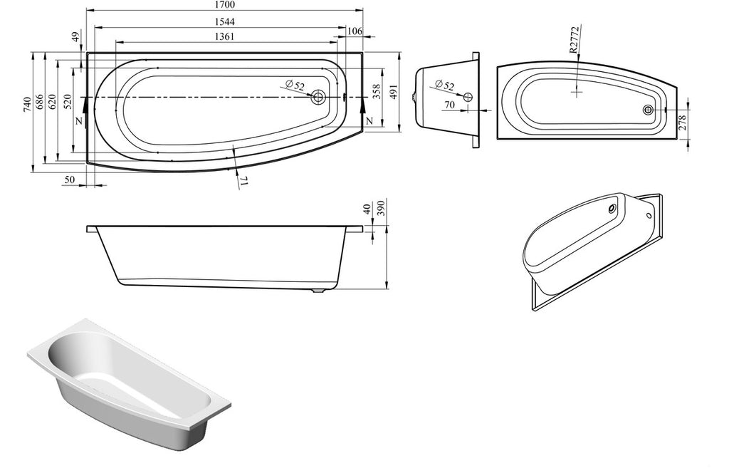 Kismet Space Saving Shower Bath 1700x740mm-Baths-DIBRP0064-