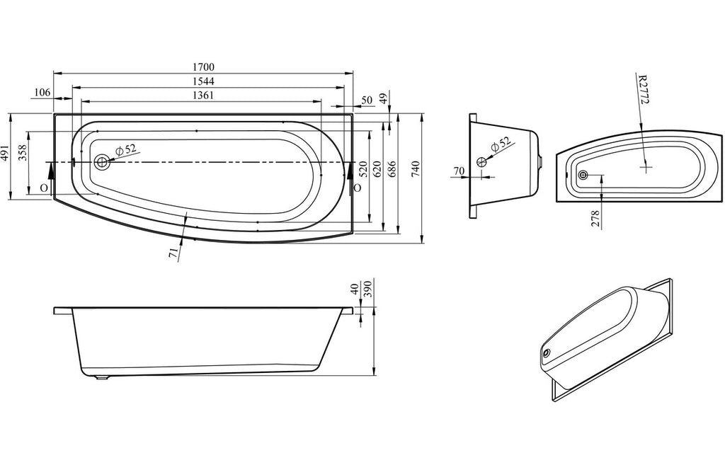 Kismet Space Saving Shower Bath 1700x740mm-Baths-DIBRP0064-