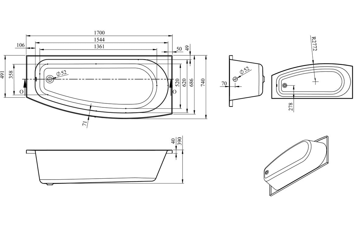 Kismet Space Saving Shower Bath 1700x740mm-Baths-DIBRP0064-
