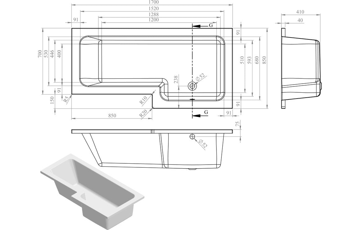L Shape SUPERCAST Shower Bath, Panel & Screen.-Baths-DIBSHP0006-