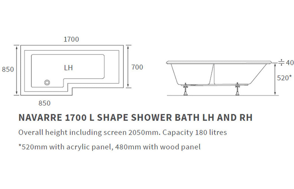 L Shape SUPERCAST Shower Bath, Panel & Screen.-Baths-DIBSHP0006-