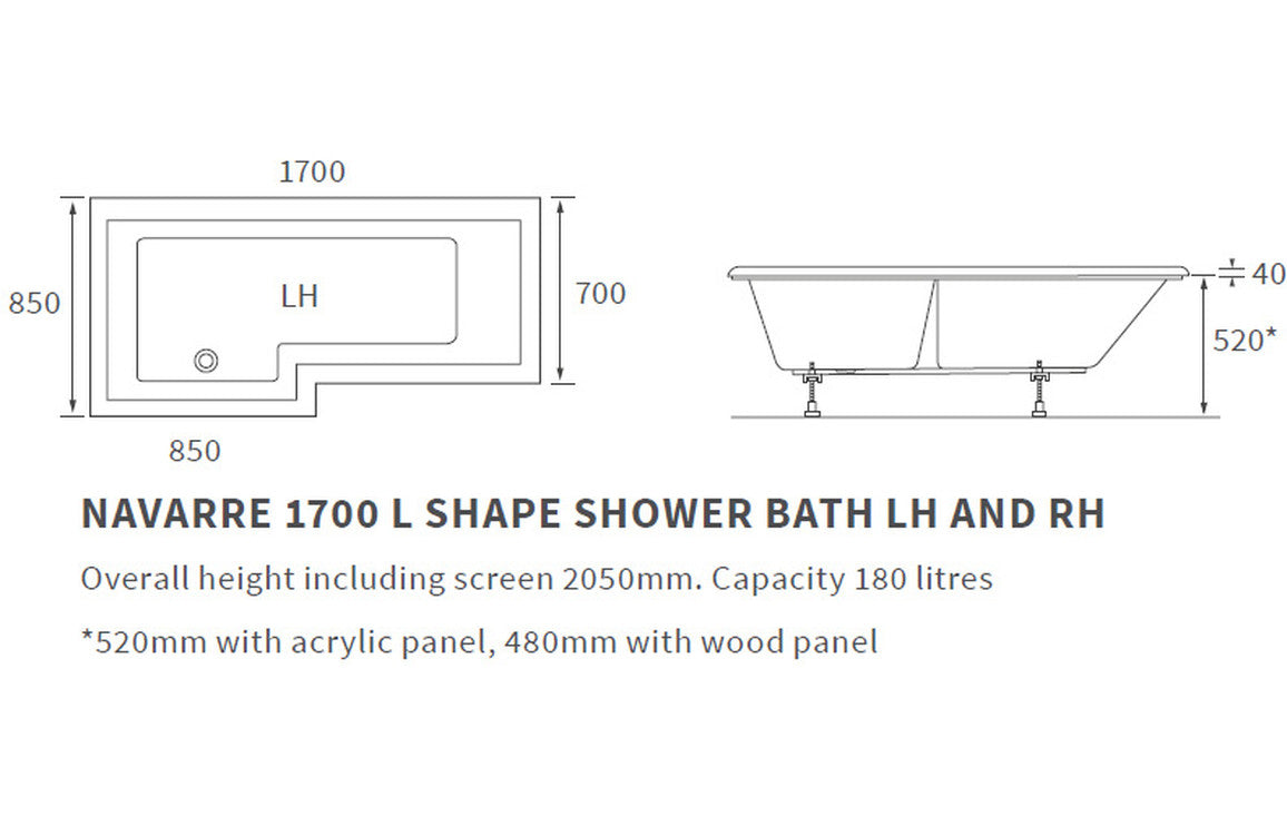 L Shape SUPERCAST Shower Bath, Panel & Screen.-Baths-DIBSHP0006-