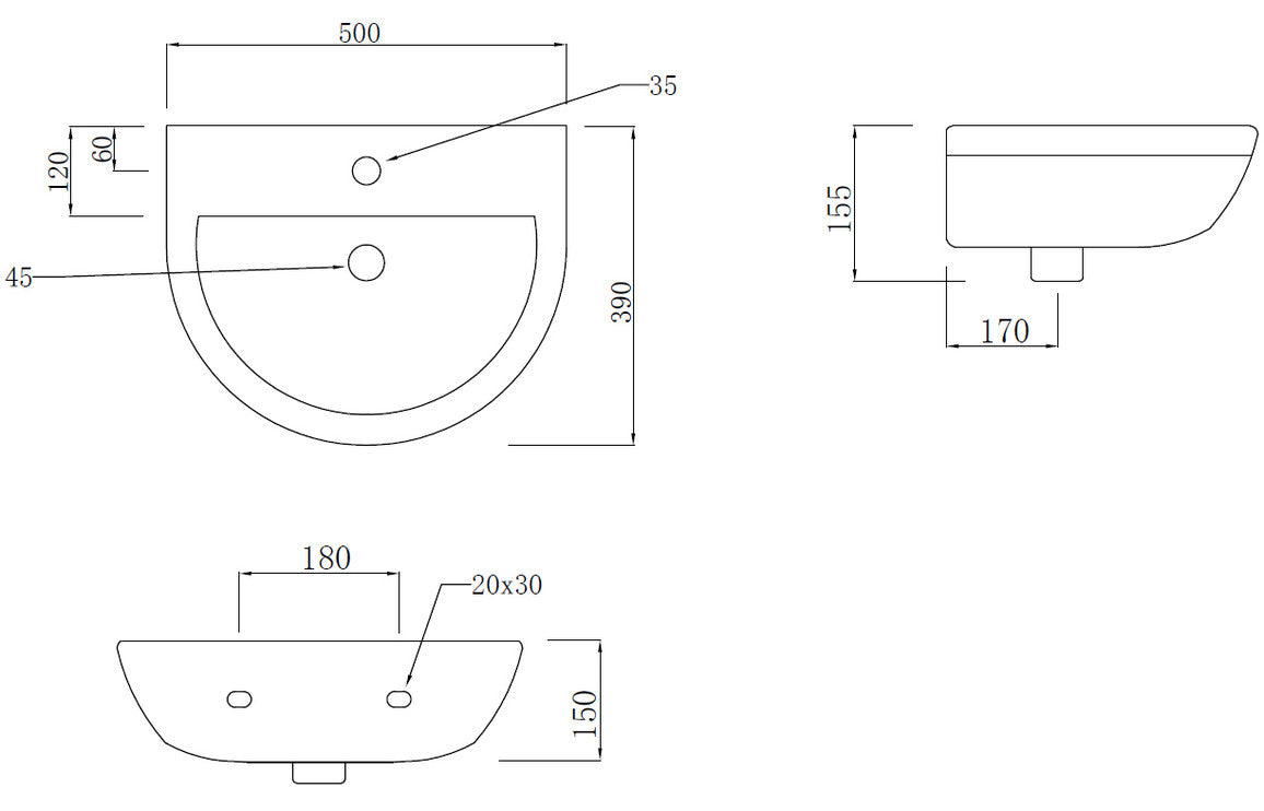 Leigh 500x390mm 1TH Basin & Full Pedestal-Basins-DIPBP1152-