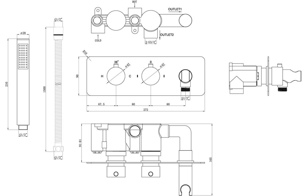 Luna Shower Pack Two - Two Outlet Twin Shower Valve with Handset & Brass Overhead-Shower Sets-DICMP0102-