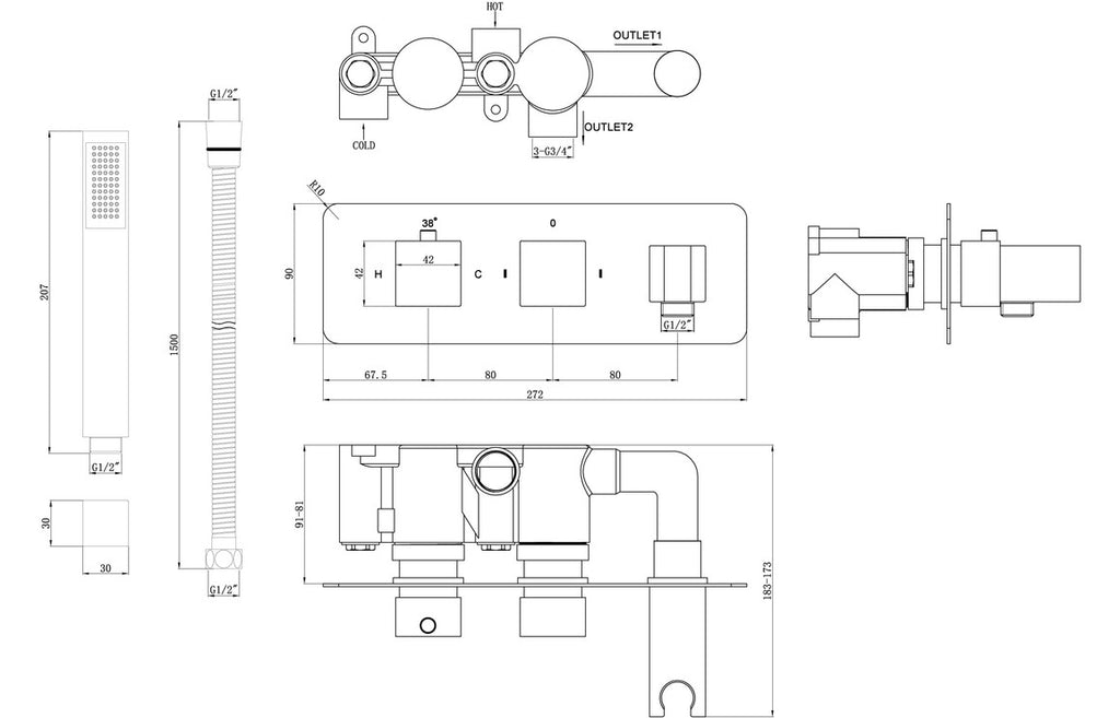 Lyra Shower Pack One - Two Outlet Twin Shower Valve with Handset & ABS Overhead-Shower Sets-DICMP0112-