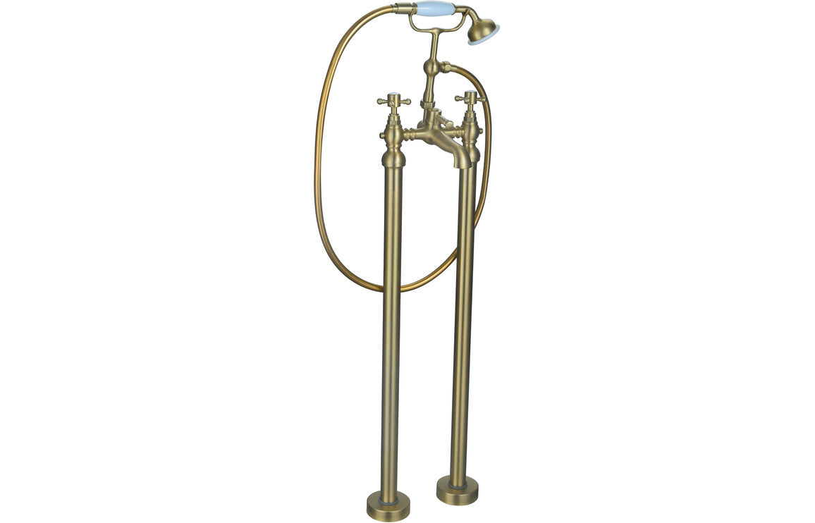 Marlow Floor Standing Bath/Shower Mixer & Shower Kit - Brushed Brass-Bath Taps-DITB1114-
