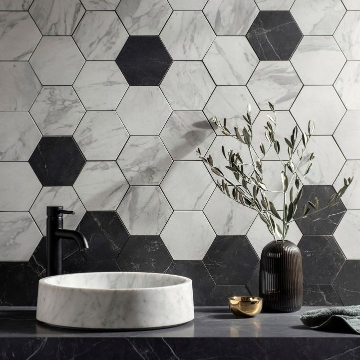Original Style Tileworks Marmi Nero Honed Hexagon Mosaic Tile 25x30cm