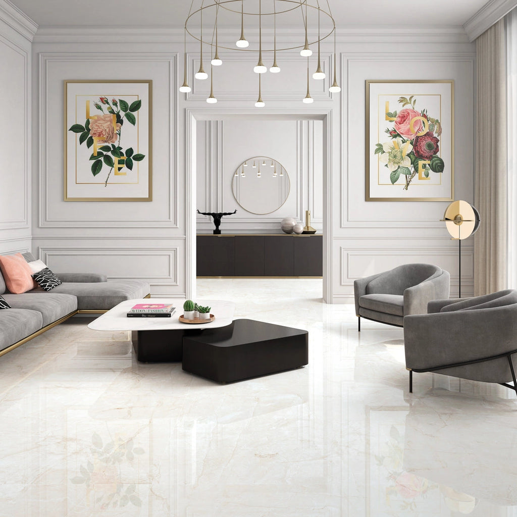 Marvel White Polished Marble Effect Porcelain Floor Tile 60x60cm