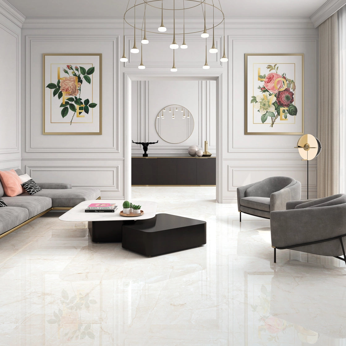 Marvel White Polished Marble Effect Porcelain Floor Tile 60x60cm