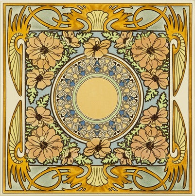 Original Style Artworks Alphonse Mucha Evening Reverie Single Floral Tile on County White-