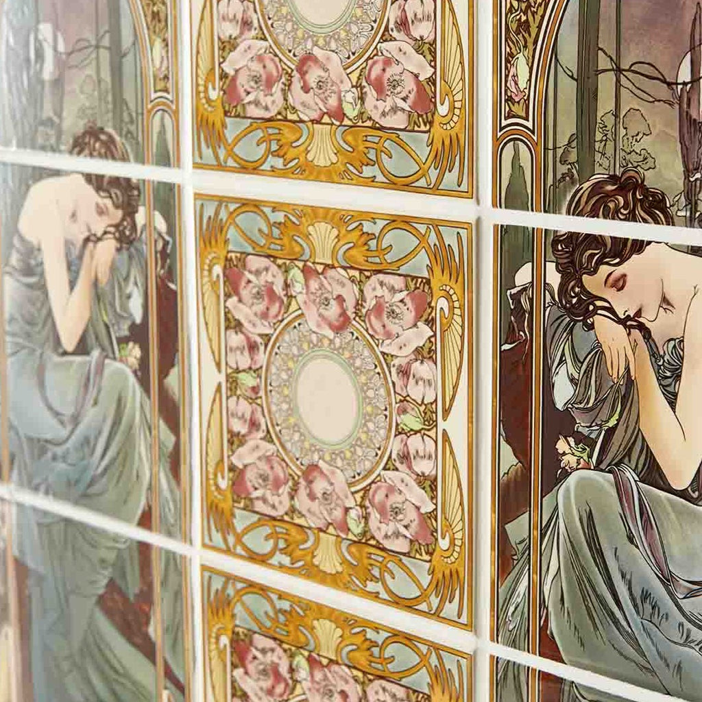 Original Style Artworks Alphonse Mucha Nocturnal Slumber Single Floral Tile on County White-