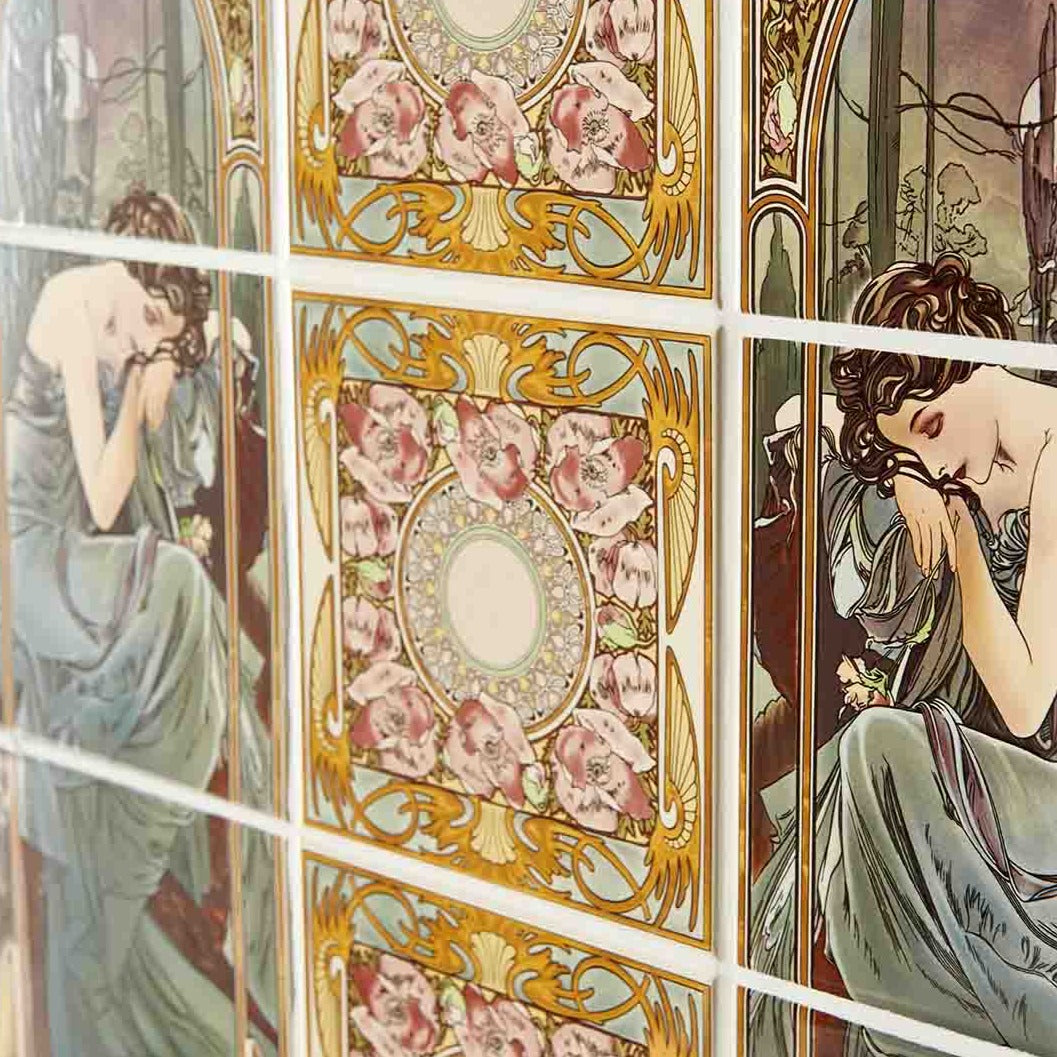 Original Style Artworks Alphonse Mucha Nocturnal Slumber Single Floral Tile on County White-