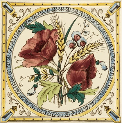 Original Style Artworks Poppy And Wheatsheaf Single Tile on County White-