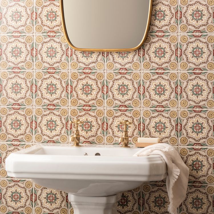 Original Style Artworks Symmetrical Floral Pattern Single Tile on County White-