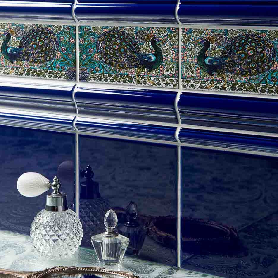 Original Style Artworks William De Morgan Peacock Border 2-Tile Set on Brilliant White-