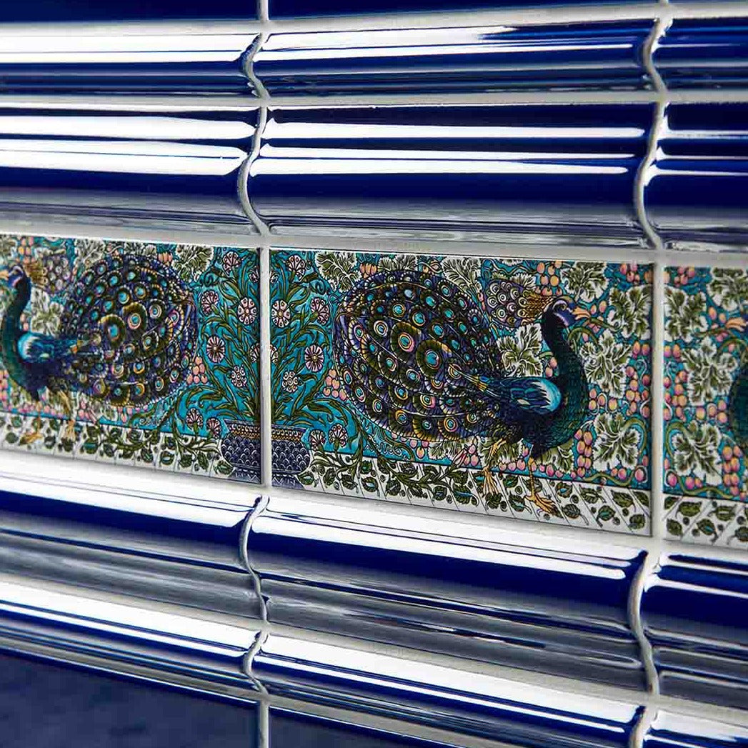 Original Style Artworks William De Morgan Peacock Border 2-Tile Set on Brilliant White-