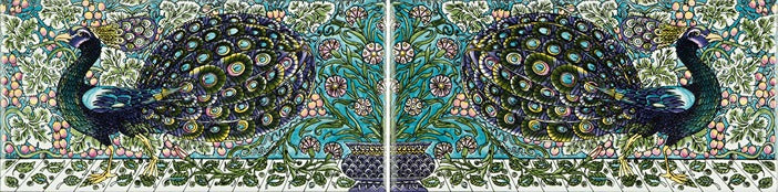 Original Style Artworks William De Morgan Peacock Border 2-Tile Set on Brilliant White-