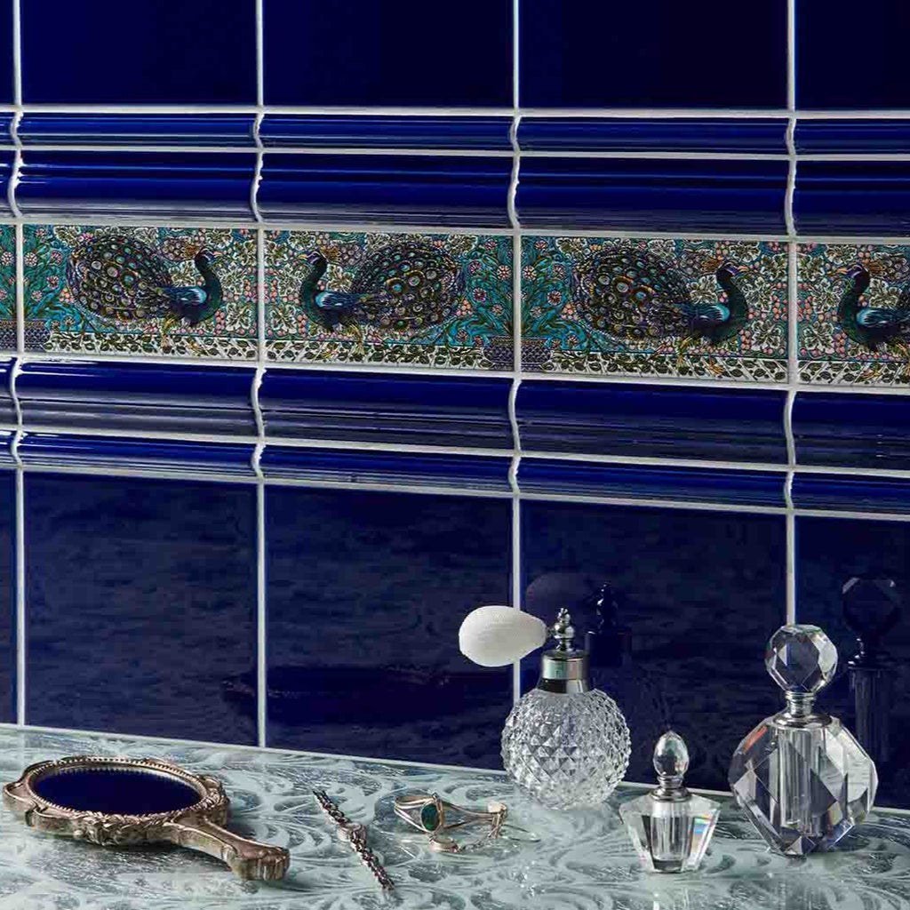 Original Style Artworks William De Morgan Peacock Border 2-Tile Set on Brilliant White-