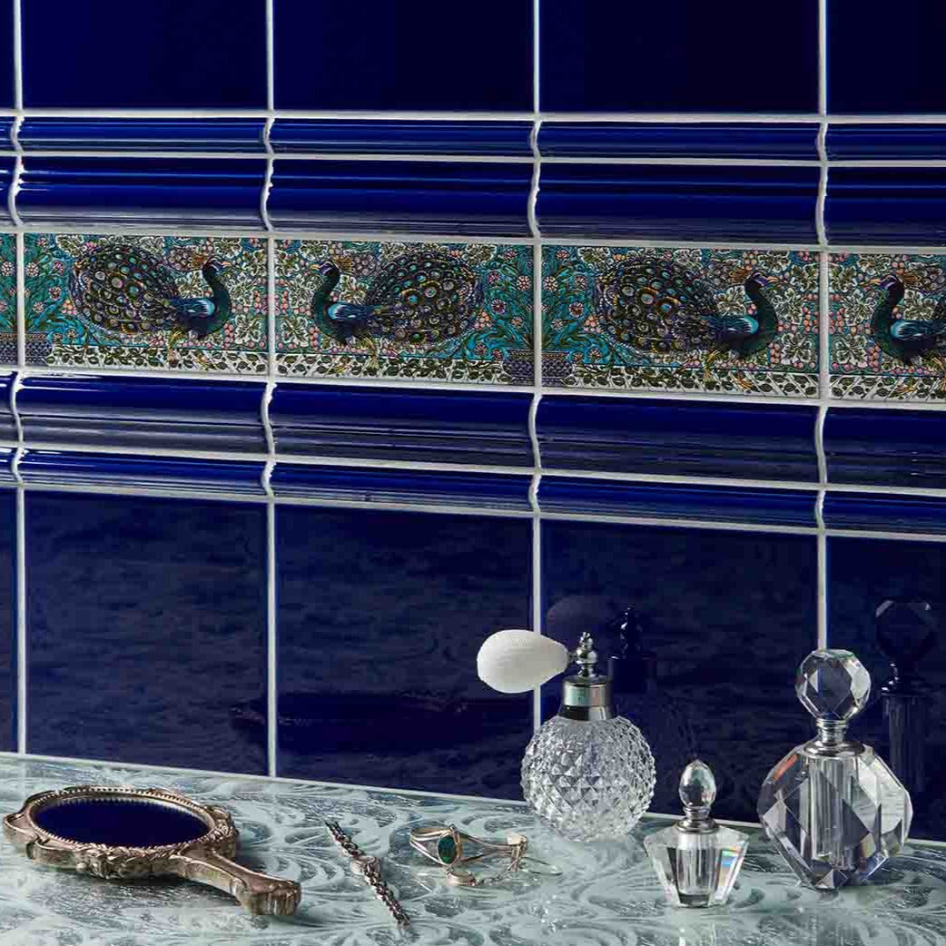Original Style Artworks William De Morgan Peacock Border 2-Tile Set on Brilliant White-