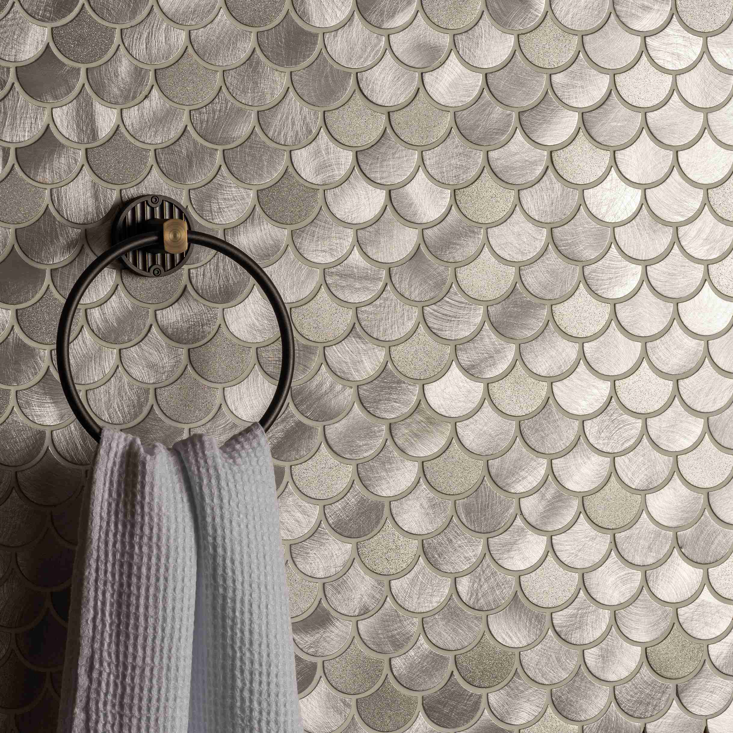 Original Style Mosaics Surtur Silver Brushed Scale Aluminium Mosaic Tile 29x31cm-