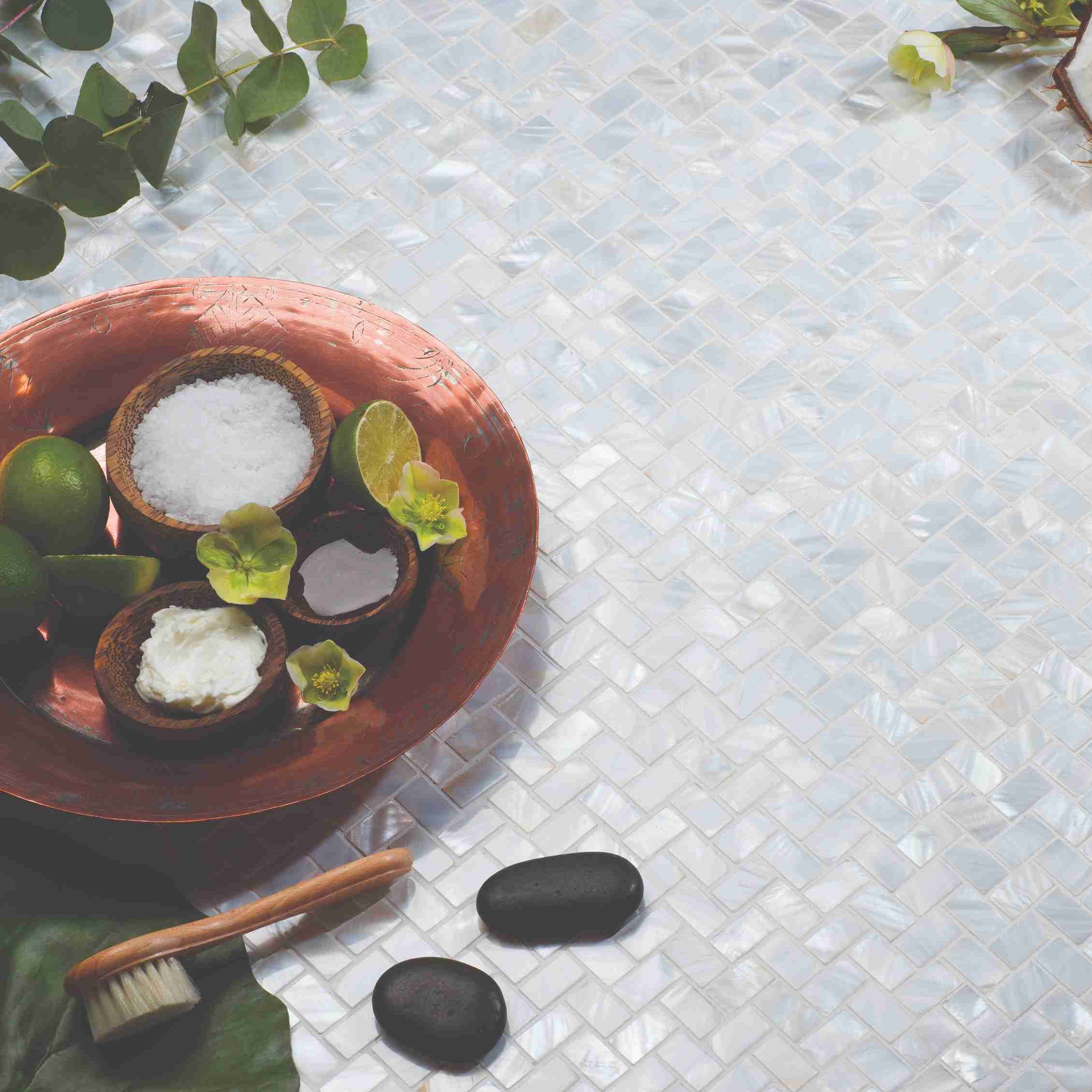 Original Style Mosaics White Pearl Herringbone Shell Mosaic Tile 28x30cm-
