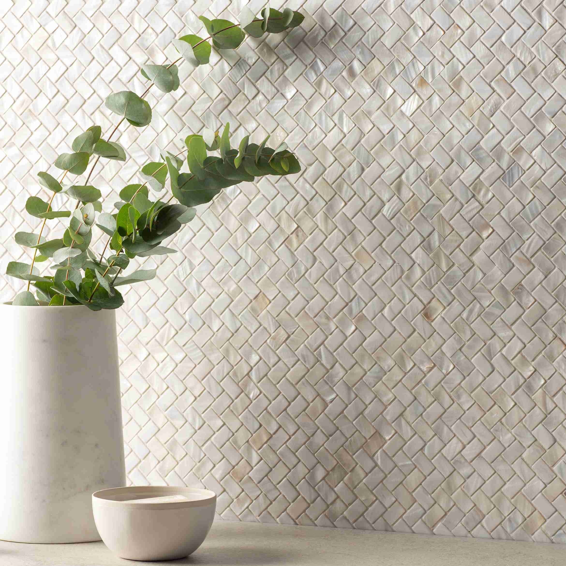 Original Style Mosaics White Pearl Herringbone Shell Mosaic Tile 28x30cm-