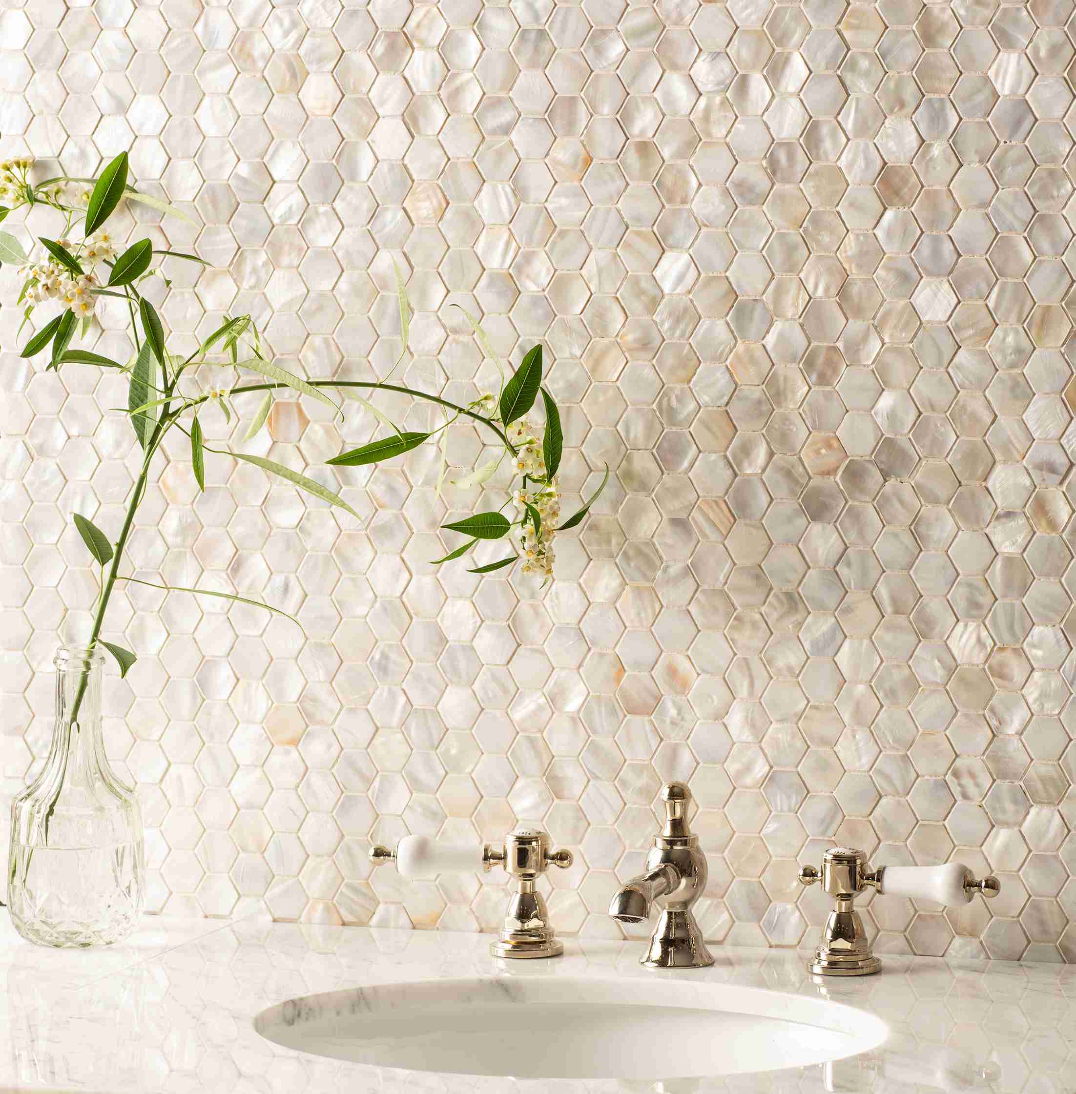 Original Style Mosaics White Pearl Hexagon Shell Mosaic Tile 29x30cm-