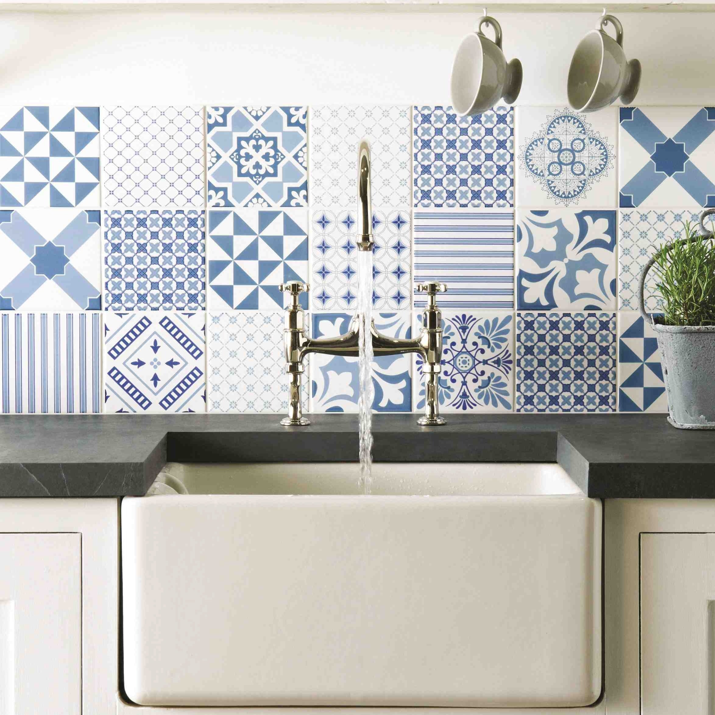 Original Style Odyssey Blue Tapestry Set-12 on Brilliant White Tile 30x90cm-