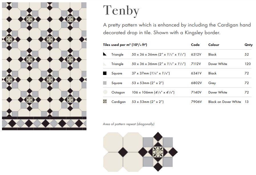 Original Style Victorian Tenby Black, Dover White & Grey with Cardigan drop-in Pattern-Floor-Tile